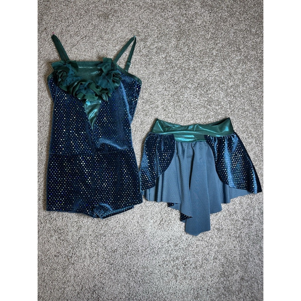 Curtain Call CME Child Medium Teal Sequin Dance Costume Biketard Skirt